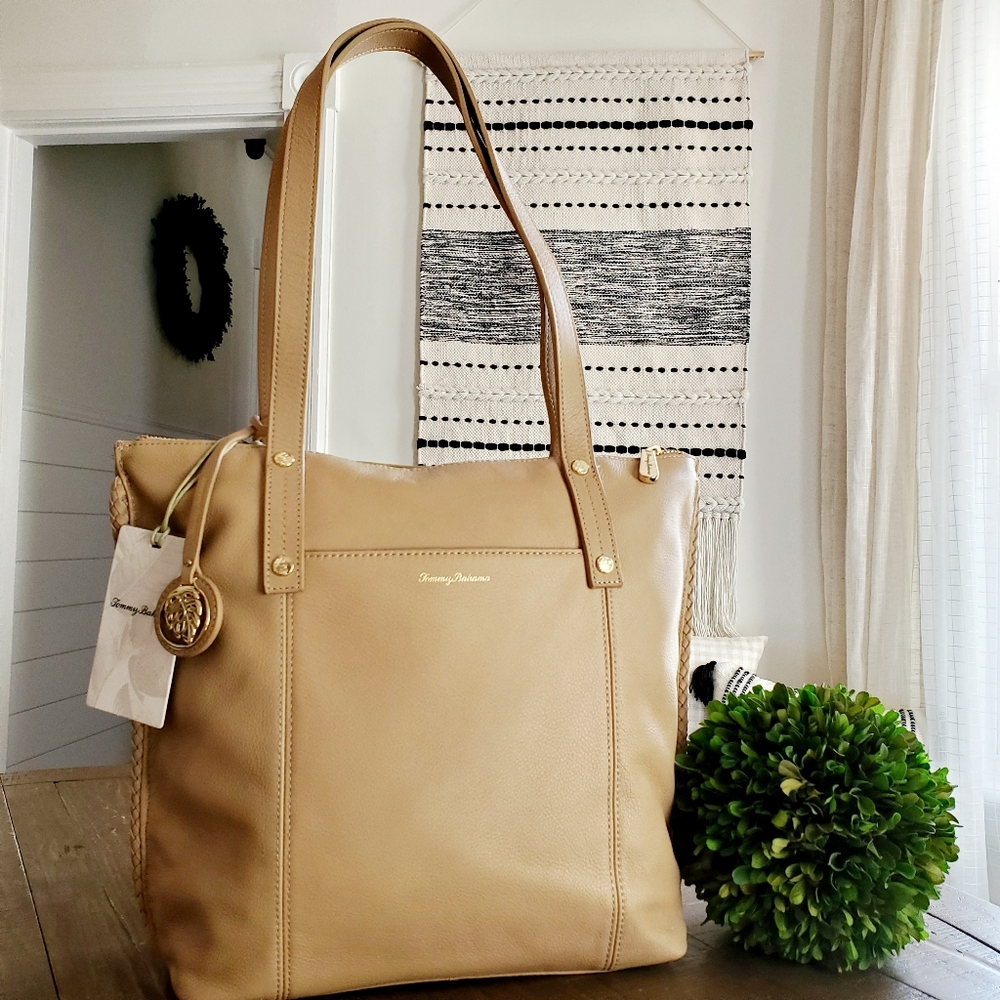 Tommy Bahama Large Purse Wheat Tan Lido Key Leather Tote Shoulder Bag